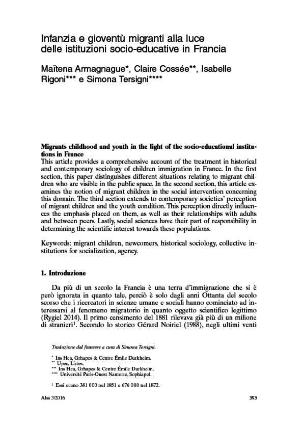 (PDF) Infanzia e gioventù migranti alla luce delle istituzioni socio ...
