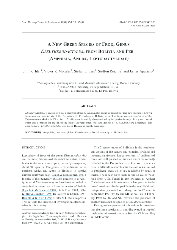 (PDF) A New Green Species of Frog, Genus Eleutherodactylus, from ...