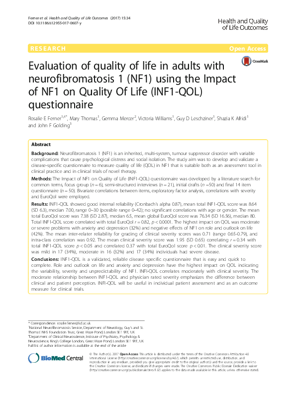 (PDF) Evaluation of quality of life in adults with neurofibromatosis 1 ...