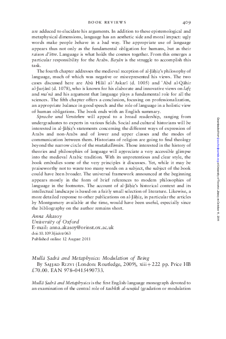 (PDF) Review of Sajjad Rizvi, Mulla Sadra and Metaphysics: Modulation ...