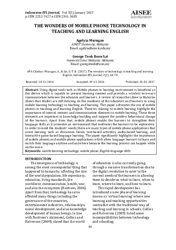 (PDF) THE WONDERS OF MOBILE PHONE TECHNOLOGY IN TEACHING AND LEARNING ...