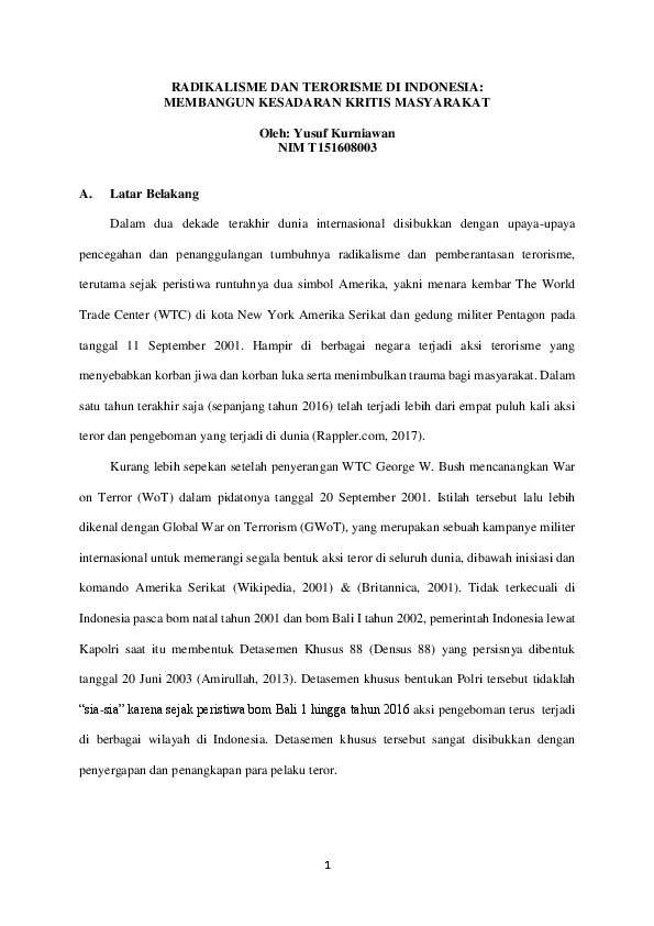 Pdf Radikalisme Dan Terorisme Di Indonesia Membangun Kesadaran Kritis Masyarakat Yusuf Kurniawan Academia Edu