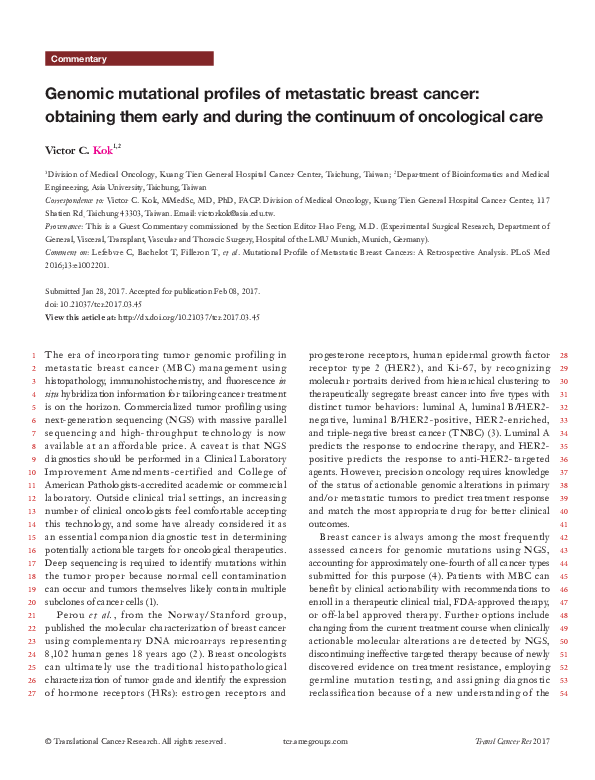 (PDF) Genomic mutational profiles of metastatic breast cancer ...
