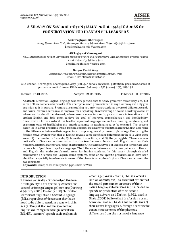 Pdf A Survey On Several Potentially Problematic Areas Of Pronunciation For Iranian Efl Learners Pdf A Survey On Several Potentially Problematic Areas Of Pronunciation For Iranian Efl Learners