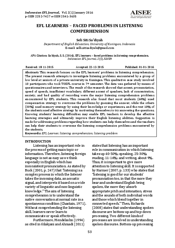 (PDF) EFL LEARNERS – FACED PROBLEMS IN LISTENING COMPERHENSION