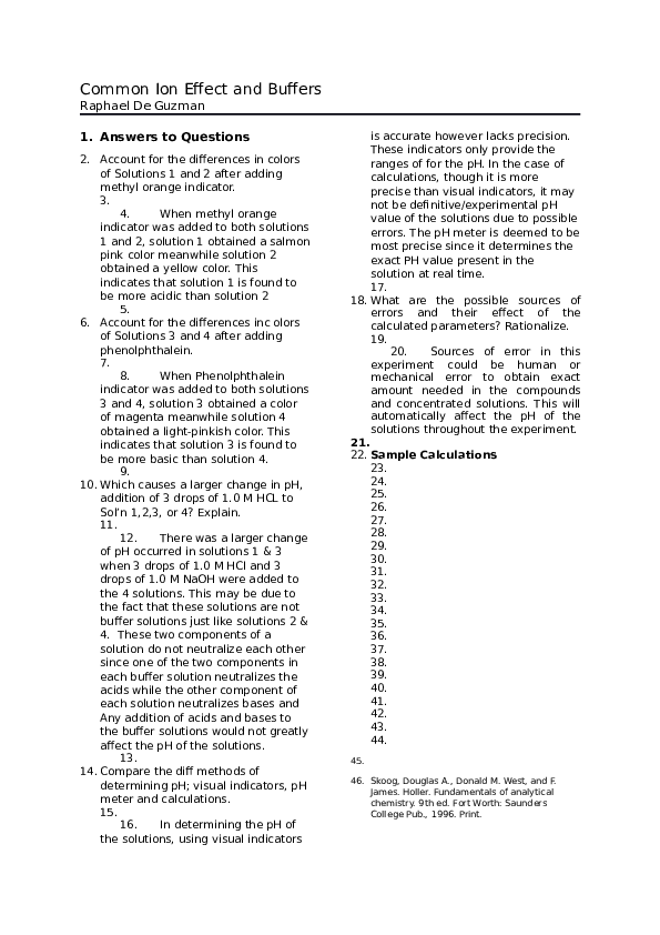 (DOC) Common Ion Effect and Buffers