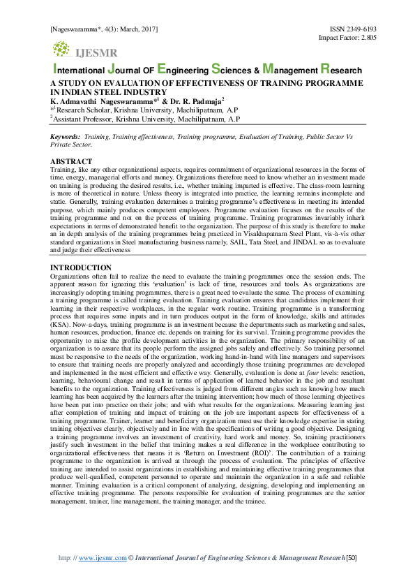 (PDF) A STUDY ON EVALUATION OF EFFECTIVENESS OF TRAINING PROGRAMME IN ...