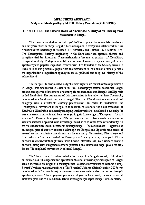 (PDF) MPhil THESIS ABSTRACT: The Esoteric World of Bhadralok : A Study ...