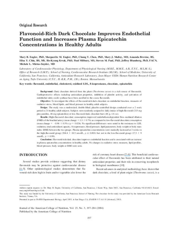 (PDF) FlavonoidRich Dark Chocolate Improves Endothelial Function and