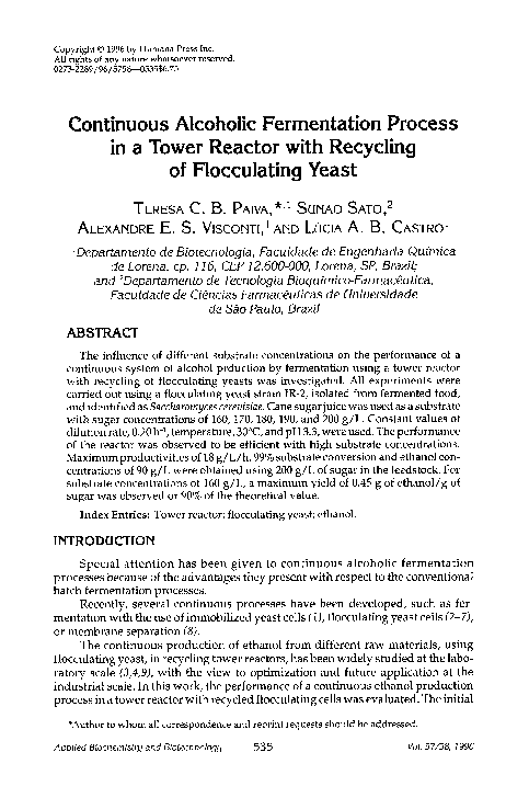 (PDF) Continuous alcoholic fermentation process in a tower reactor with ...