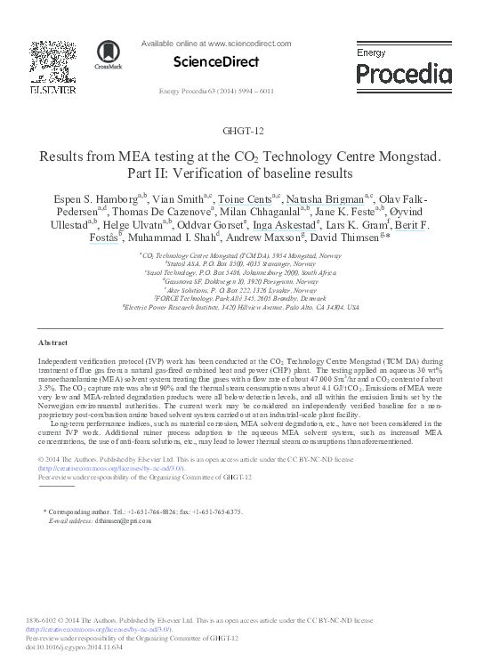 (PDF) Results from MEA testing at the CO2 Technology Centre Mongstad ...