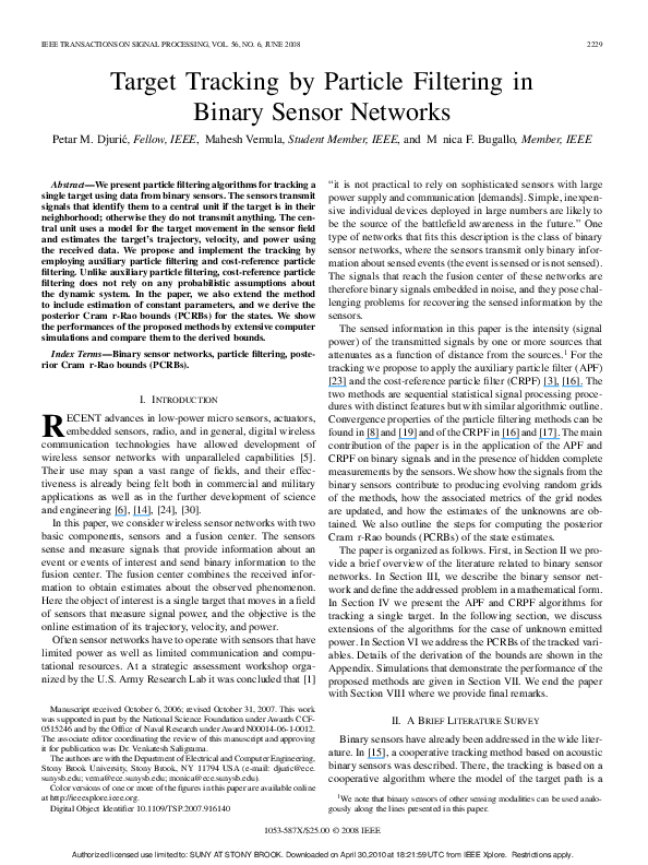 (PDF) Target Tracking by Particle Filtering in Binary Sensor Networks