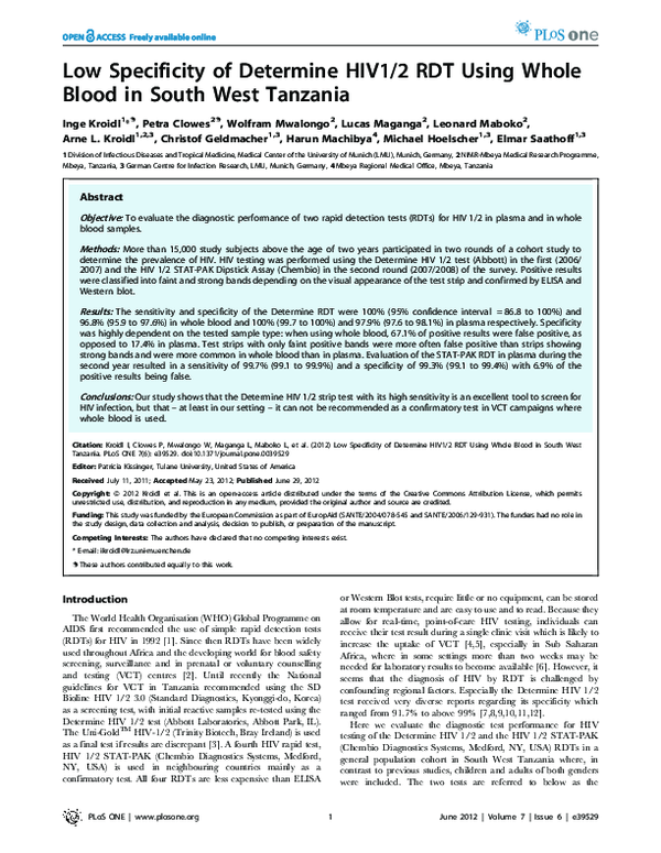 (PDF) Low Specificity of Determine HIV1/2 RDT Using Whole Blood in ...