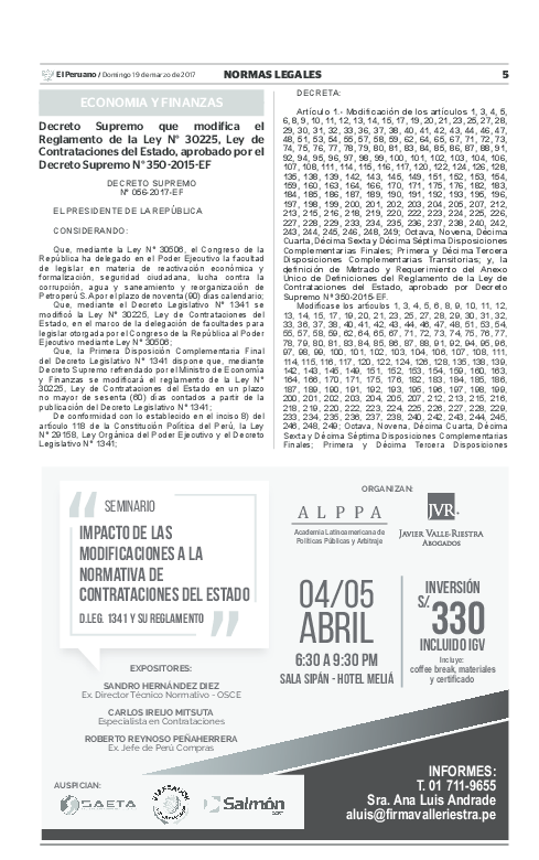 (PDF) Decreto Supremo que modifica el Reglamento de la Ley 30225, Ley ...