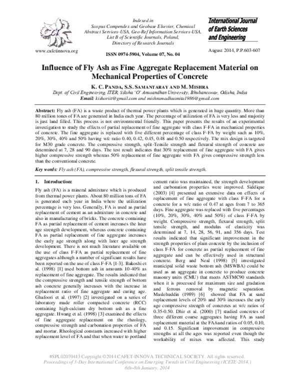 (PDF) Influence of Fly Ash as Fine Aggregate Replacement Material on ...