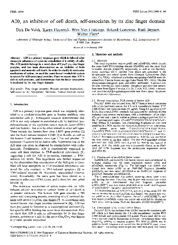 (PDF) A20, an inhibitor of cell death, selfassociates by its zinc