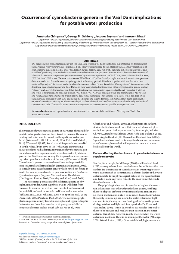 (PDF) Occurrence of cyanobacteria genera in the Vaal Dam: implications ...