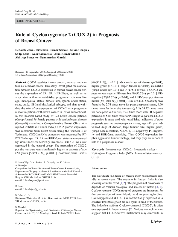 (PDF) Role of Cyclooxygenase 2 (COX-2) in Prognosis of Breast Cancer