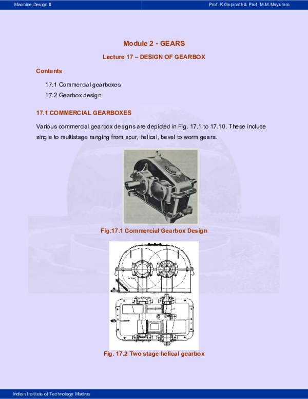 (PDF) Machine Design II Module 2 GEARS Lecture 17 DESIGN OF GEARBOX
