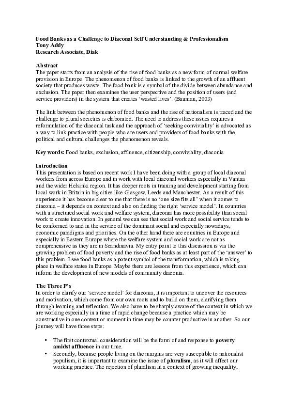 (PDF) Food Banks as a Challenge to Diaconal Self Understanding Tony