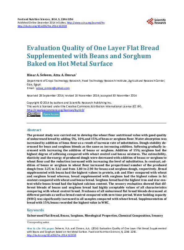(PDF) Evaluation Quality of One Layer Flat Bread Supplemented with ...