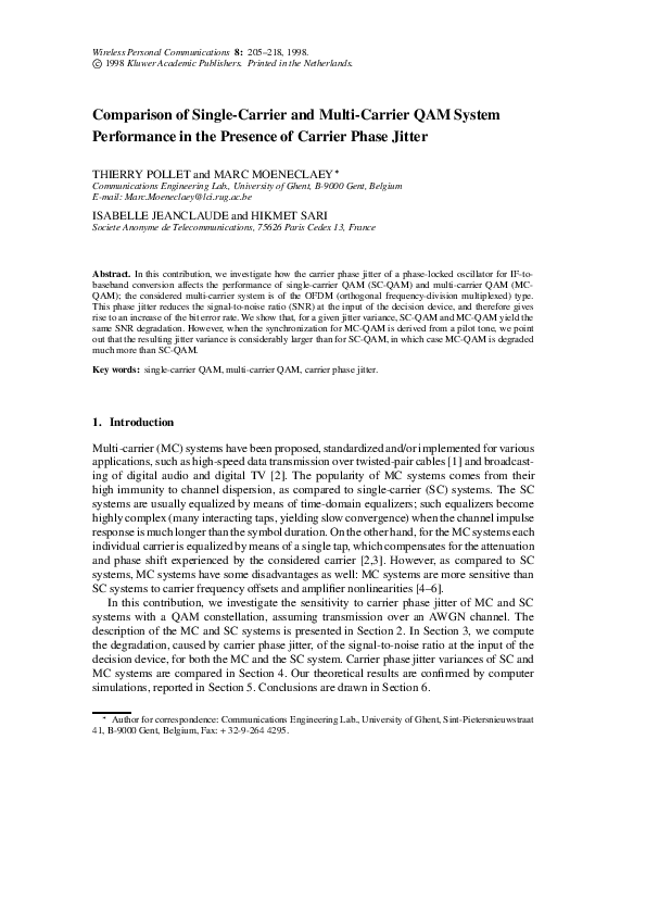 (PDF) Comparison of SingleCarrier and MultiCarrier QAMSystem Performance in the Presence of