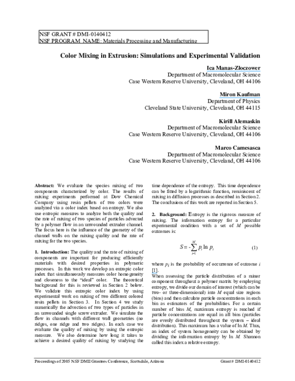 Color Mixing in Extrusion: Simulations and Experimental Validation