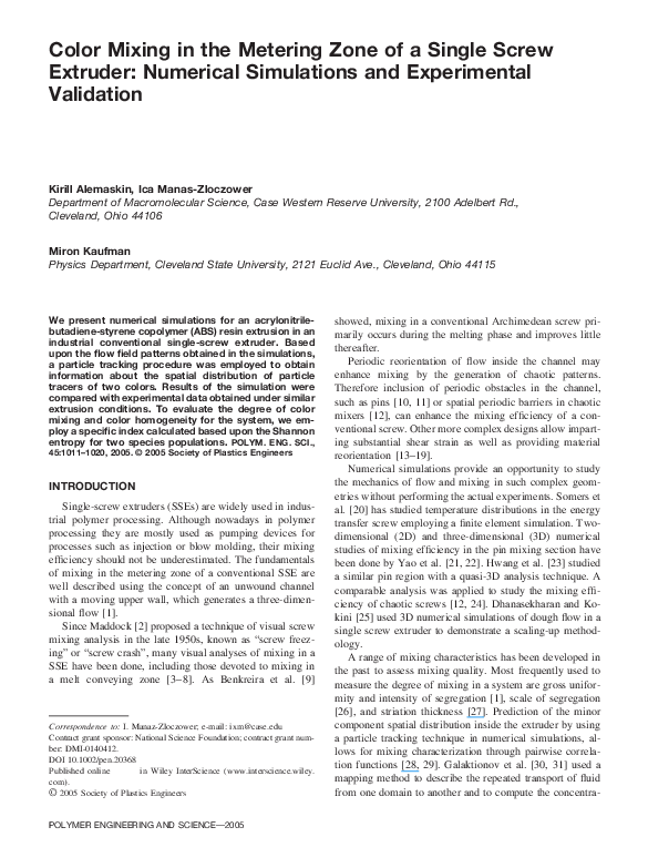 Color mixing in the metering zone of a single screw extruder: Numerical simulations and experimental validation