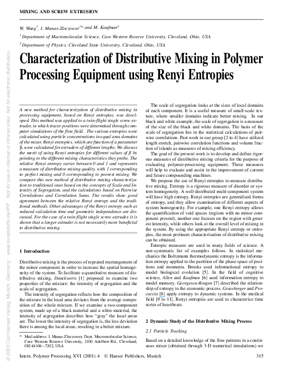 Characterization of Distributive Mixing in Polymer Processing Equipment using Renyi Entropies