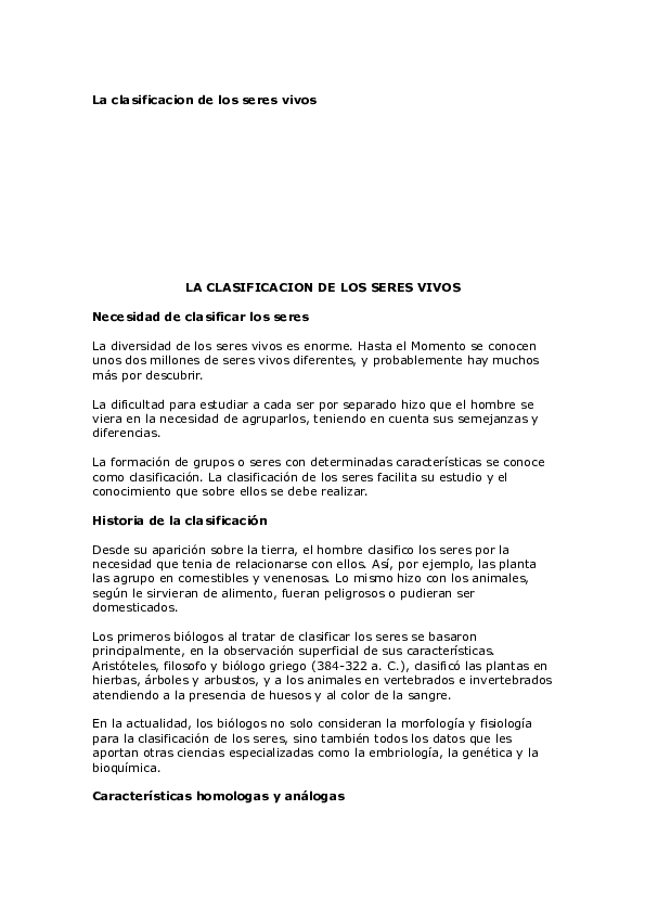 (DOC) La clasificacion de los seres vivos LA CLASIFICACION DE LOS SERES VIVOS Paulo Romero