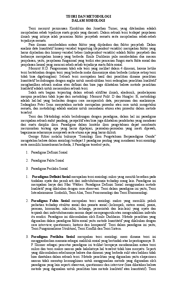 Doc Teori Dan Metodologi Sosiologi Docx Ydur Noor Academia Edu