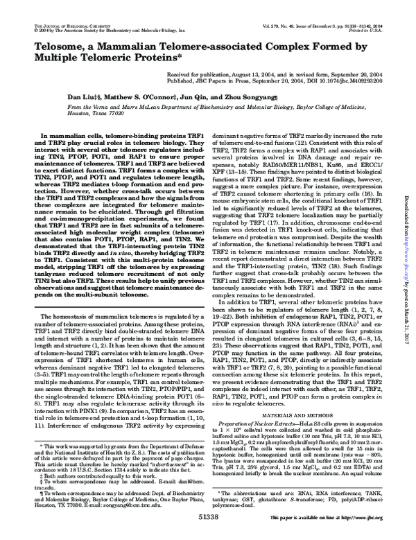 (PDF) Telosome, a Mammalian Telomere-associated Complex Formed by ...