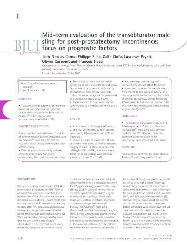 (PDF) Midterm evaluation of the transobturator male sling for post