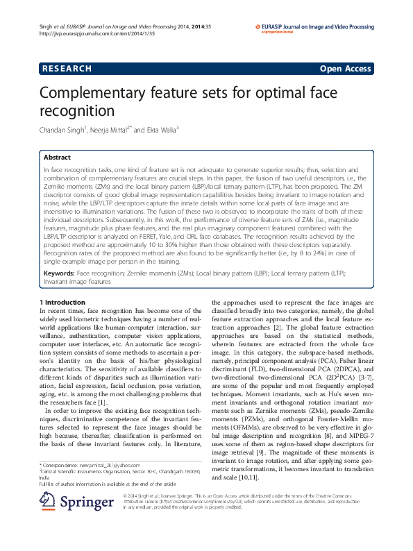 (PDF) Complementary feature sets for optimal face recognition