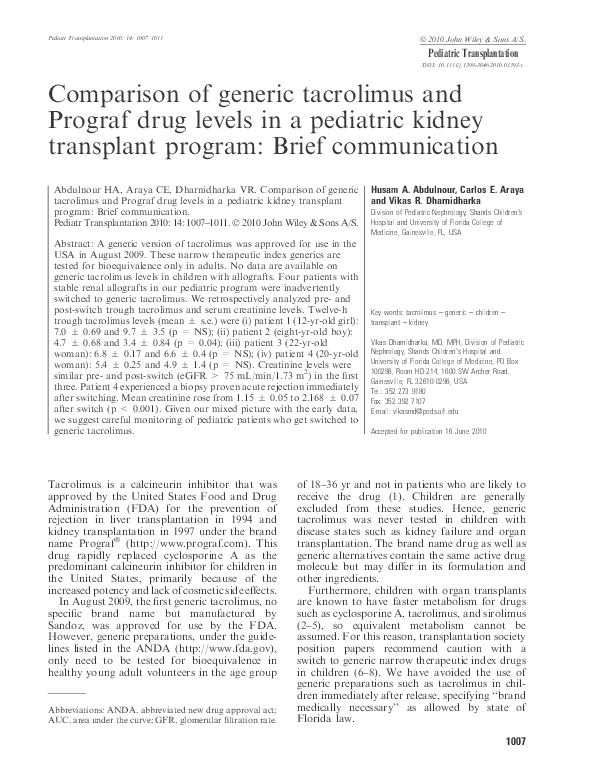 (PDF) Comparison of generic tacrolimus and Prograf drug levels in a ...