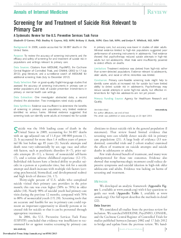 (PDF) Screening for and Treatment of Suicide Risk Relevant to Primary ...