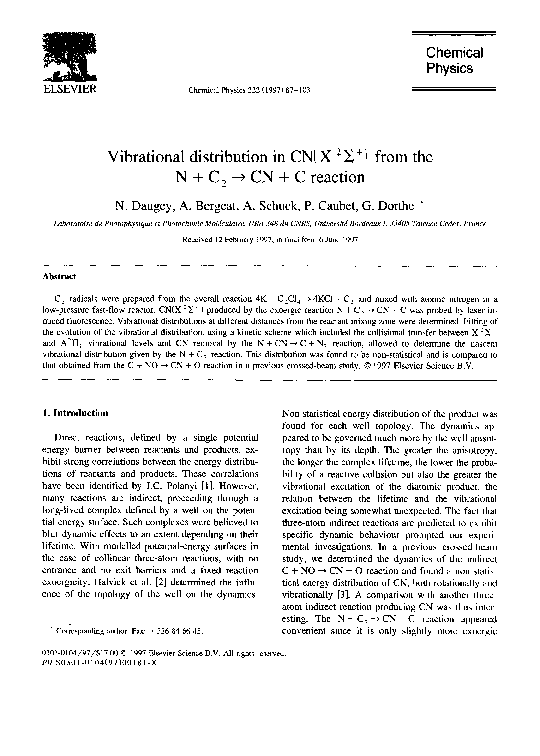 (PDF) Vibrational distribution in CN(X2Σ+) from the N + C2 → CN + C ...