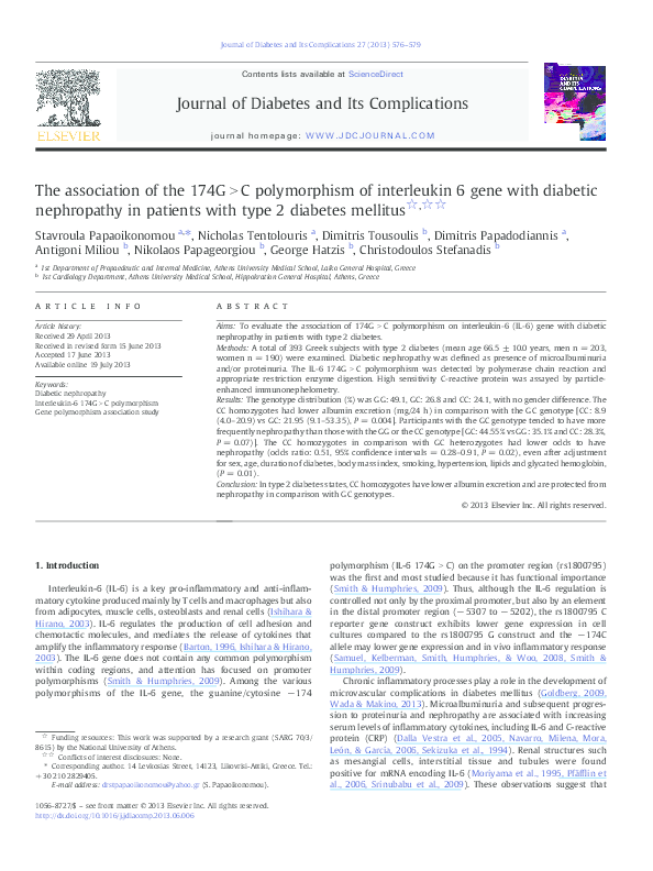 (PDF) The association of the 174G>C polymorphism of interleukin 6 gene ...
