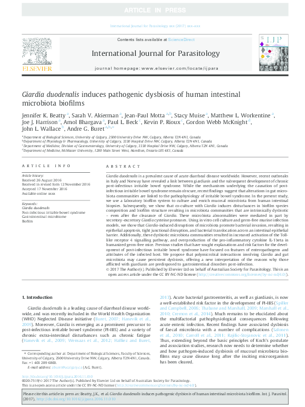 (PDF) Giardia duodenalis induces pathogenic dysbiosis of human ...