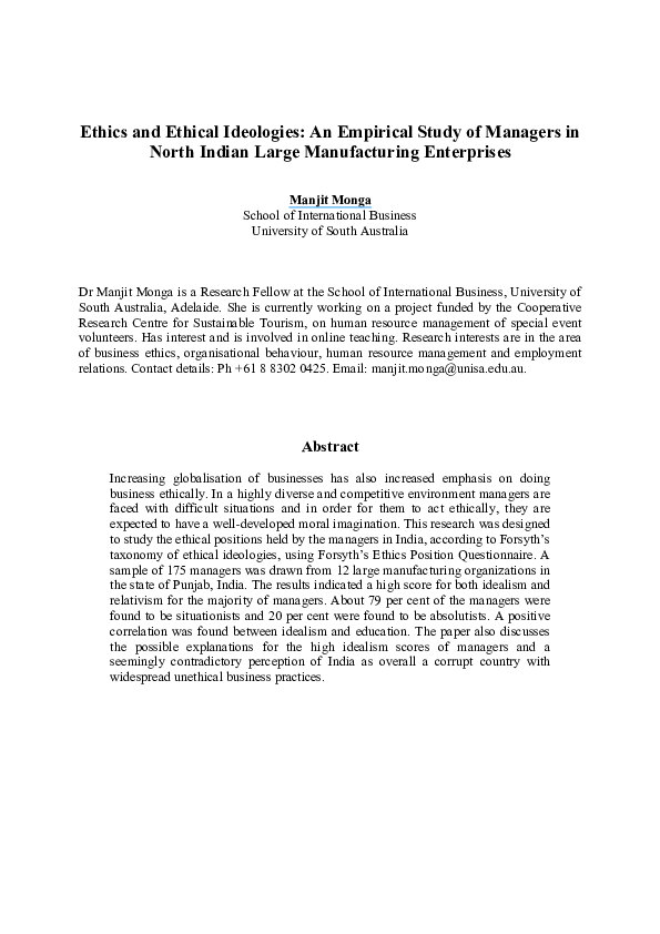 (PDF) Ethics and ethical ideologies: an empirical study of managers in ...