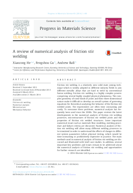 (PDF) A review of numerical analysis of friction stir welding