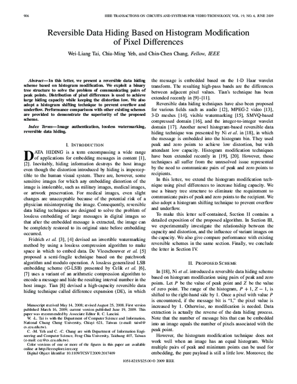 (PDF) Reversible Data Hiding Based on Histogram Modification of Pixel ...