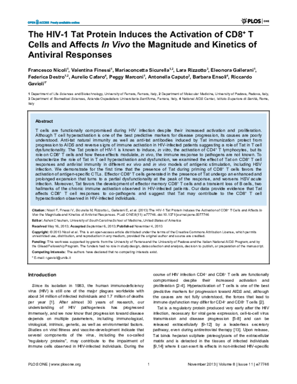 (PDF) The HIV-1 Tat Protein Induces the Activation of CD8+ T Cells and ...