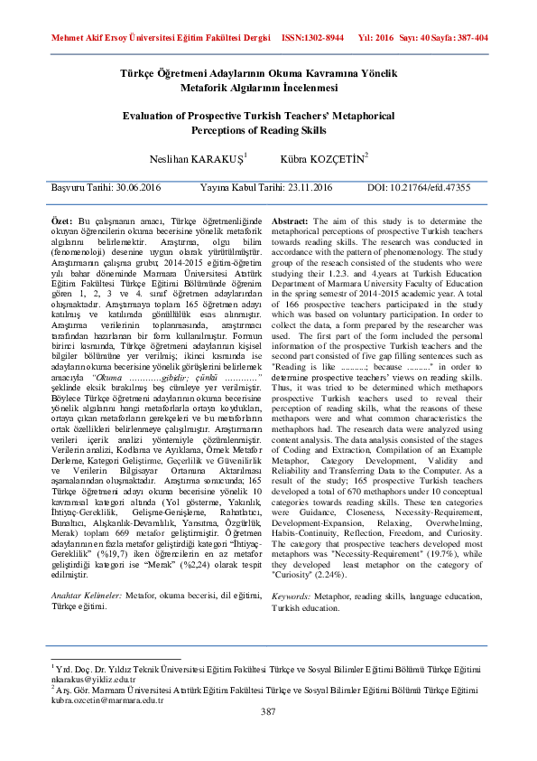 (PDF) Mehmet Akif Ersoy Üniversitesi Eğitim Fakültesi Dergisi Türkçe ...