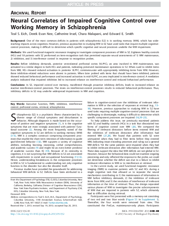 (PDF) Neural Correlates of Impaired Cognitive Control over Working ...