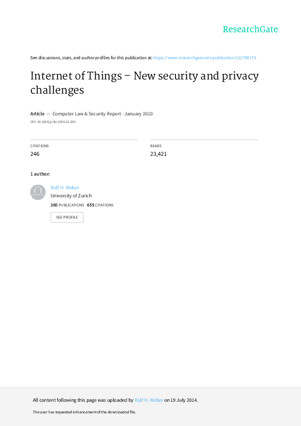 (PDF) Internet of Things – New security and privacy challenges