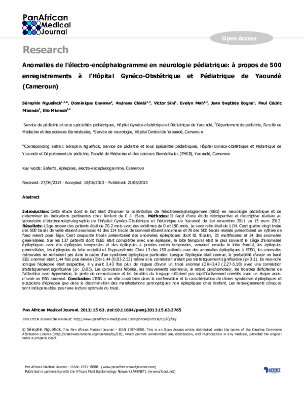 Pdf Anomalies De L Electro Encephalogramme En Neurologie Pediatrique A Propos De 500 Enregistrements A L Hopital Gyneco Obstetrique Et Pediatrique De Yaounde Cameroun Victor Sini Paul Mbonda And Andreas Chiabi Academia Edu