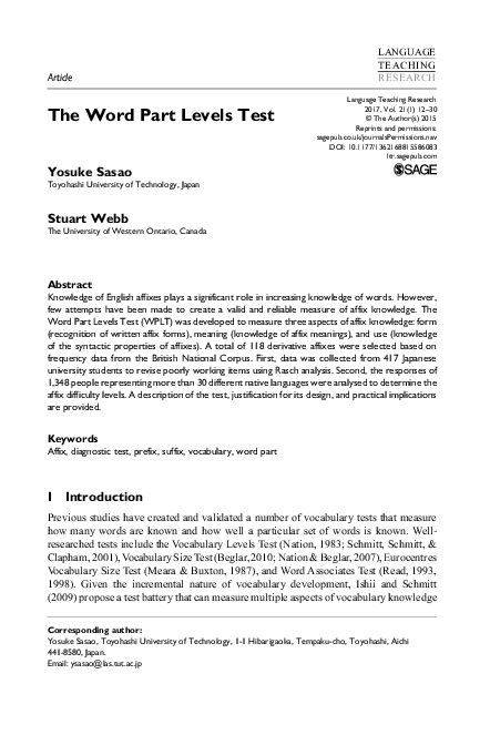 (PDF) The Word Part Levels Test