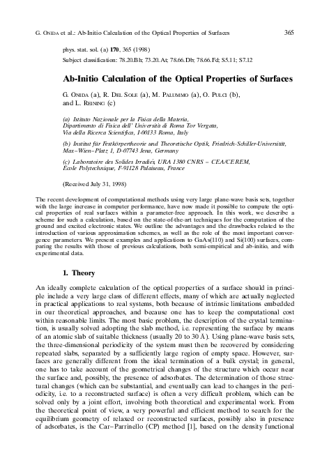 (PDF) Ab-Initio Calculation of the Optical Properties of Surfaces