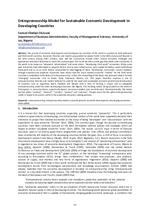 (PDF) Entrepreneurship Model for Sustainable Economic Development in ...